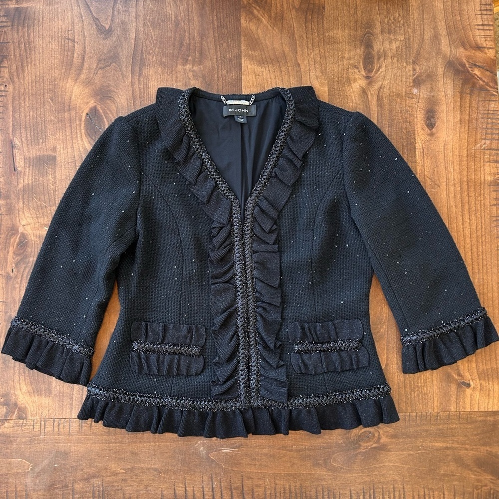 ST. JOHN Couture Black Sequin Tweed Ruffle Jacket Blazer Size 8 | Wool Silk